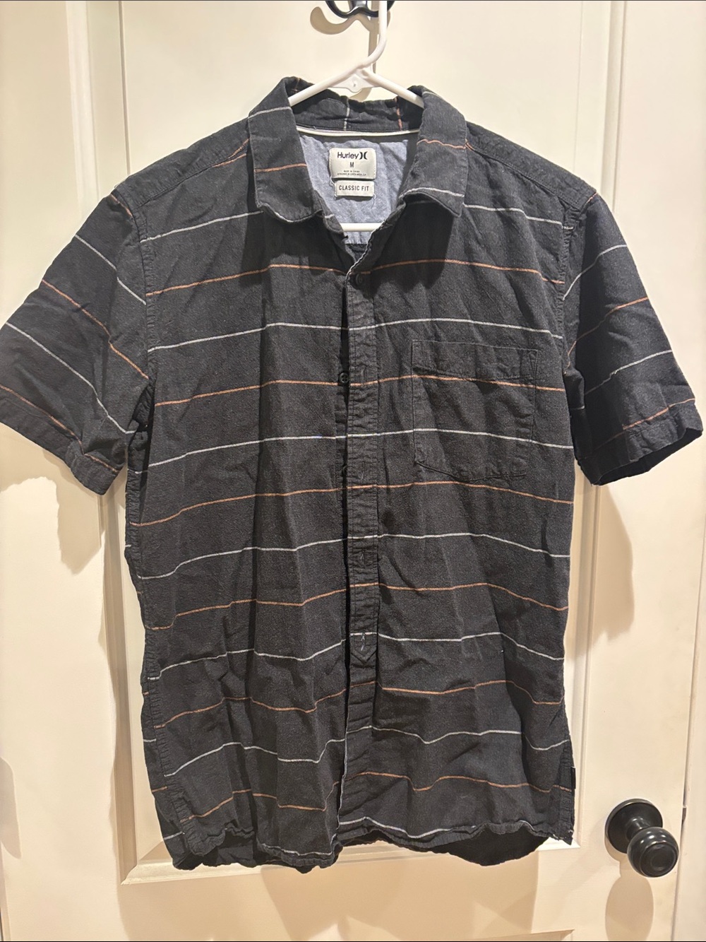 Hurley Men’s Charcoal Short Sleeve Button-Up Shirt with White and Rust Stripes